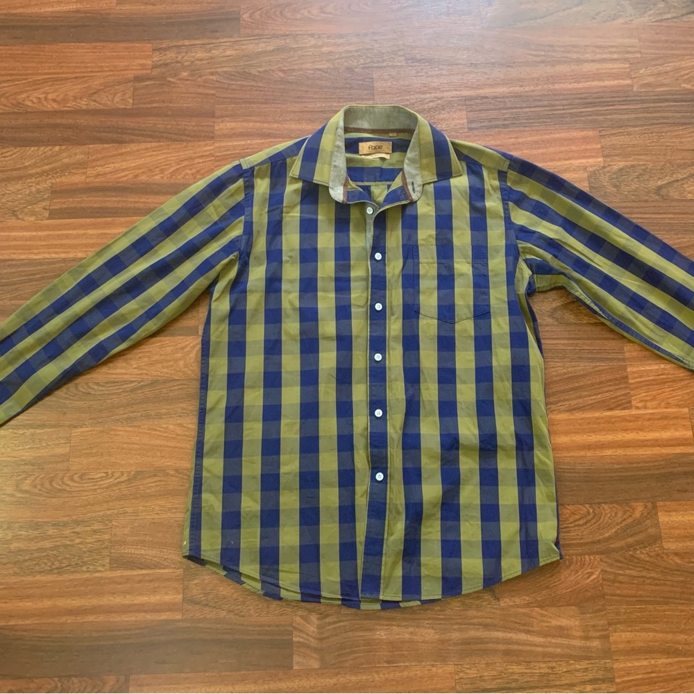 Face 100% Cotton Slim Fit Button Down Shirt Men’s Medium Navy Green Plaid NWOT
